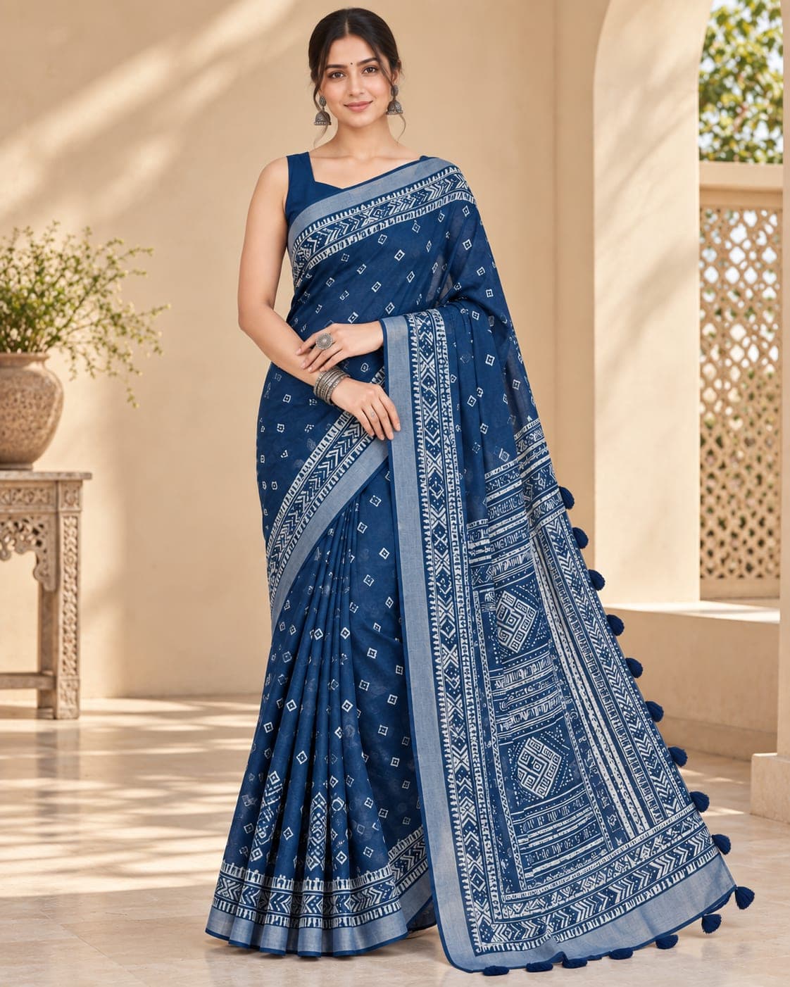 Linen Cotton Indigo Blue Mirror Work Saree