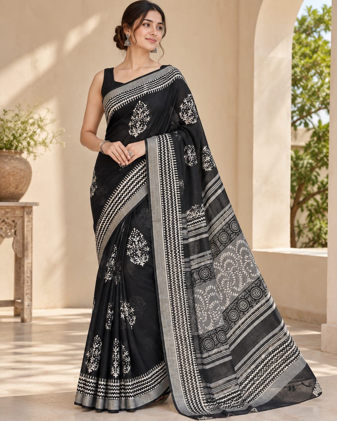 Pure Linen Cotton Black Mirror Work Saree