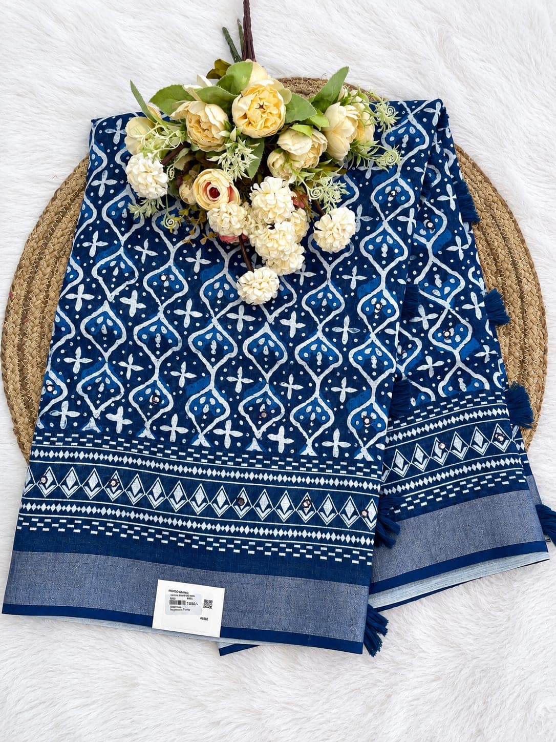 Linen Cotton Indigo Blue Mirror Work Saree