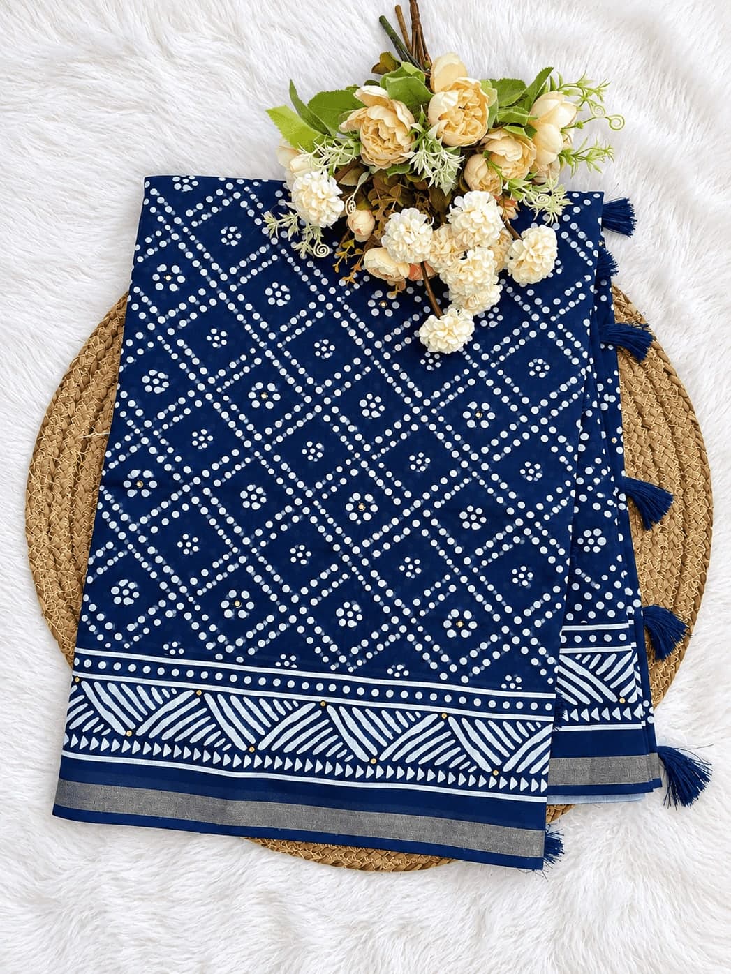 Cotton Indigo Blue Mirror Work Saree