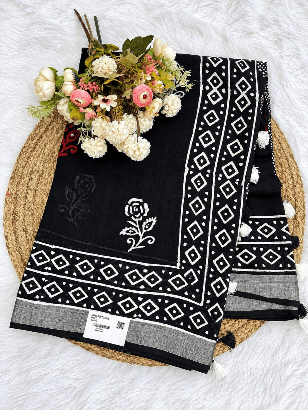Pure Linen Cotton Black Mirror Work Saree